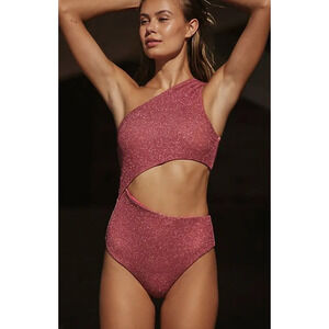 New Free People x Beach Riot Celine Shine One-Piece $148 X-SMALL Glitter Red